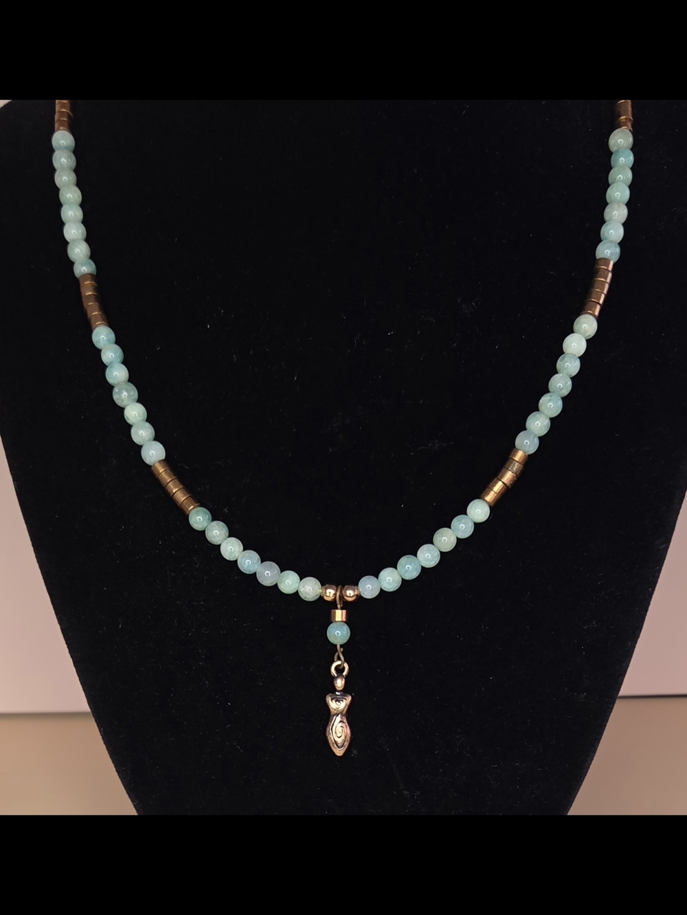 Blue-Green Amazonite and Copper Beaded Necklace With Goddess Pendant